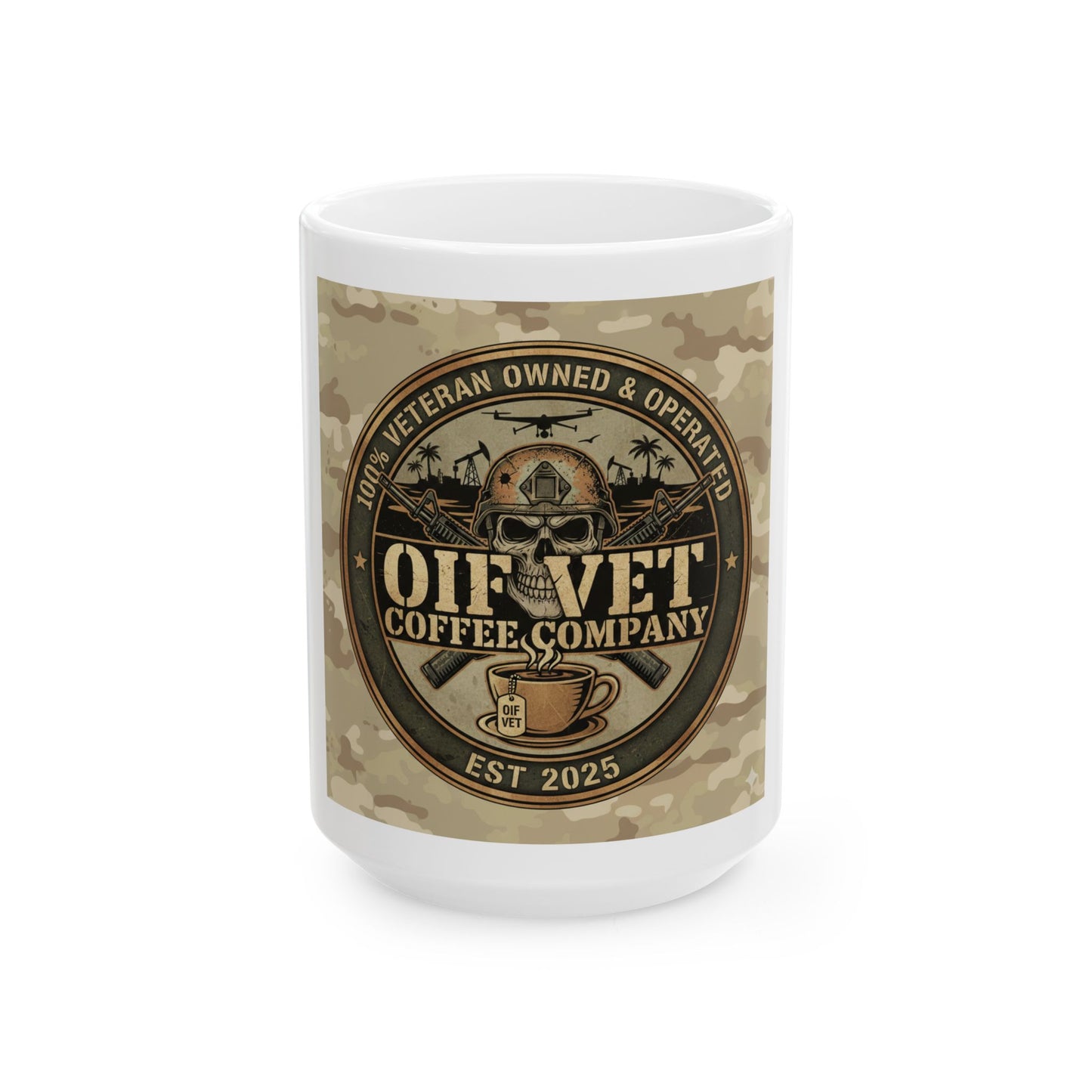 OIF Vet Coffee Company Ceramic Mug – Veteran-Owned Camo Coffee Cup (11oz & 15oz)